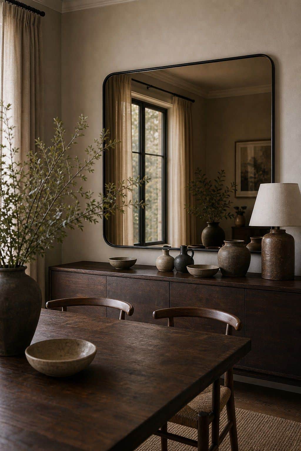 Choose wooden-framed mirrors to introduce warmth and texture shown as a realistic Pretty Wild World image for 15 Dining Room Mirror Ideas That Make Your Home Feel Brighter and More Curated.
