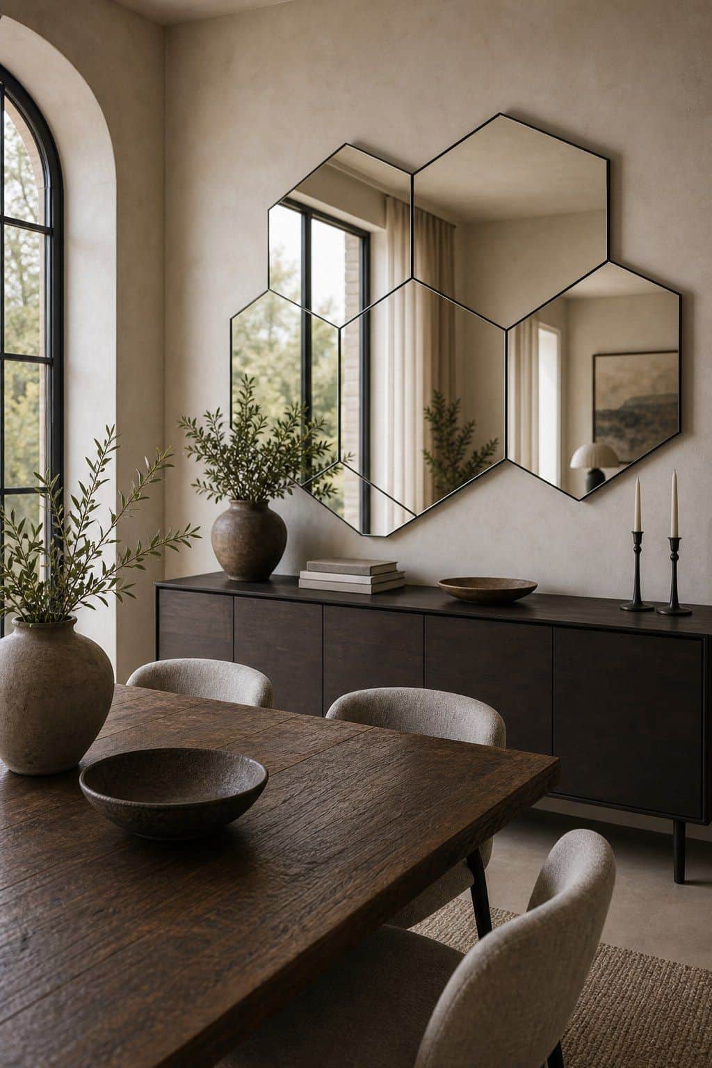 Incorporate mirrors with geometric designs for a contemporary look shown as a realistic Pretty Wild World image for 15 Dining Room Mirror Ideas That Make Your Home Feel Brighter and More Curated.