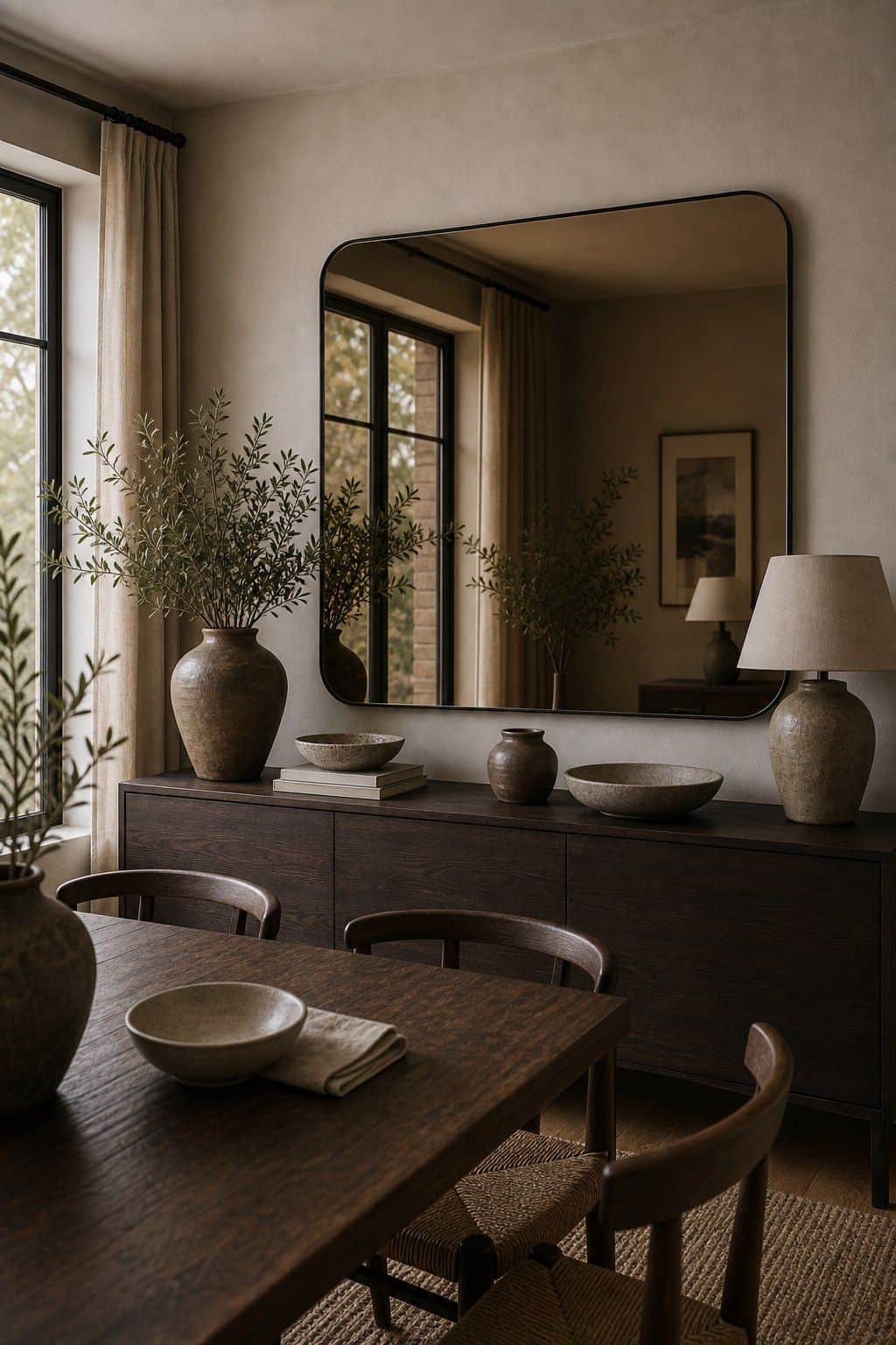 Use tinted or colored glass mirrors for distinctive flair shown as a realistic Pretty Wild World image for 15 Dining Room Mirror Ideas That Make Your Home Feel Brighter and More Curated.