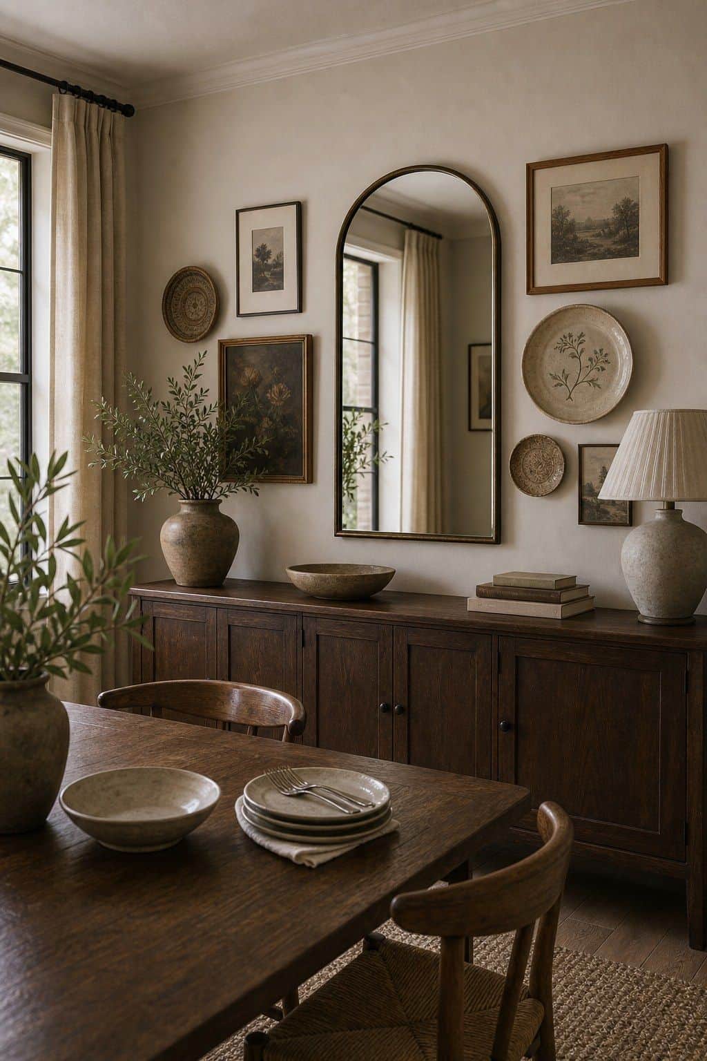 Combine mirrors with artwork or decorative dishware for variety shown as a realistic Pretty Wild World image for 15 Dining Room Mirror Ideas That Make Your Home Feel Brighter and More Curated.