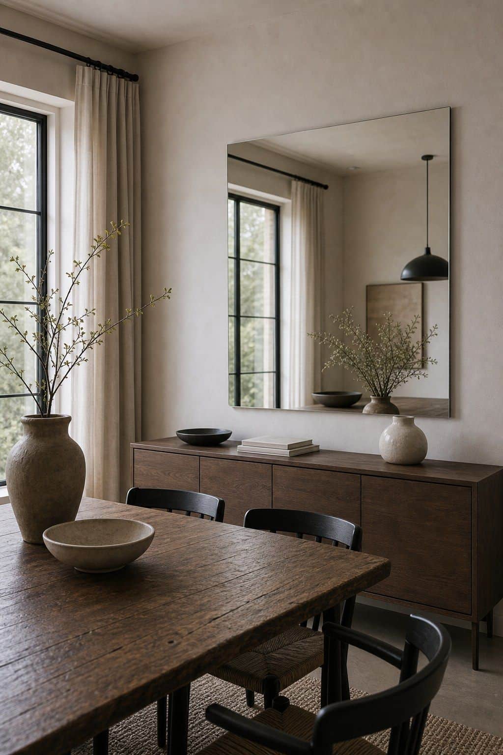 Select frameless mirrors to maintain a modern and minimalist aesthetic shown as a realistic Pretty Wild World image for 15 Dining Room Mirror Ideas That Make Your Home Feel Brighter and More Curated.