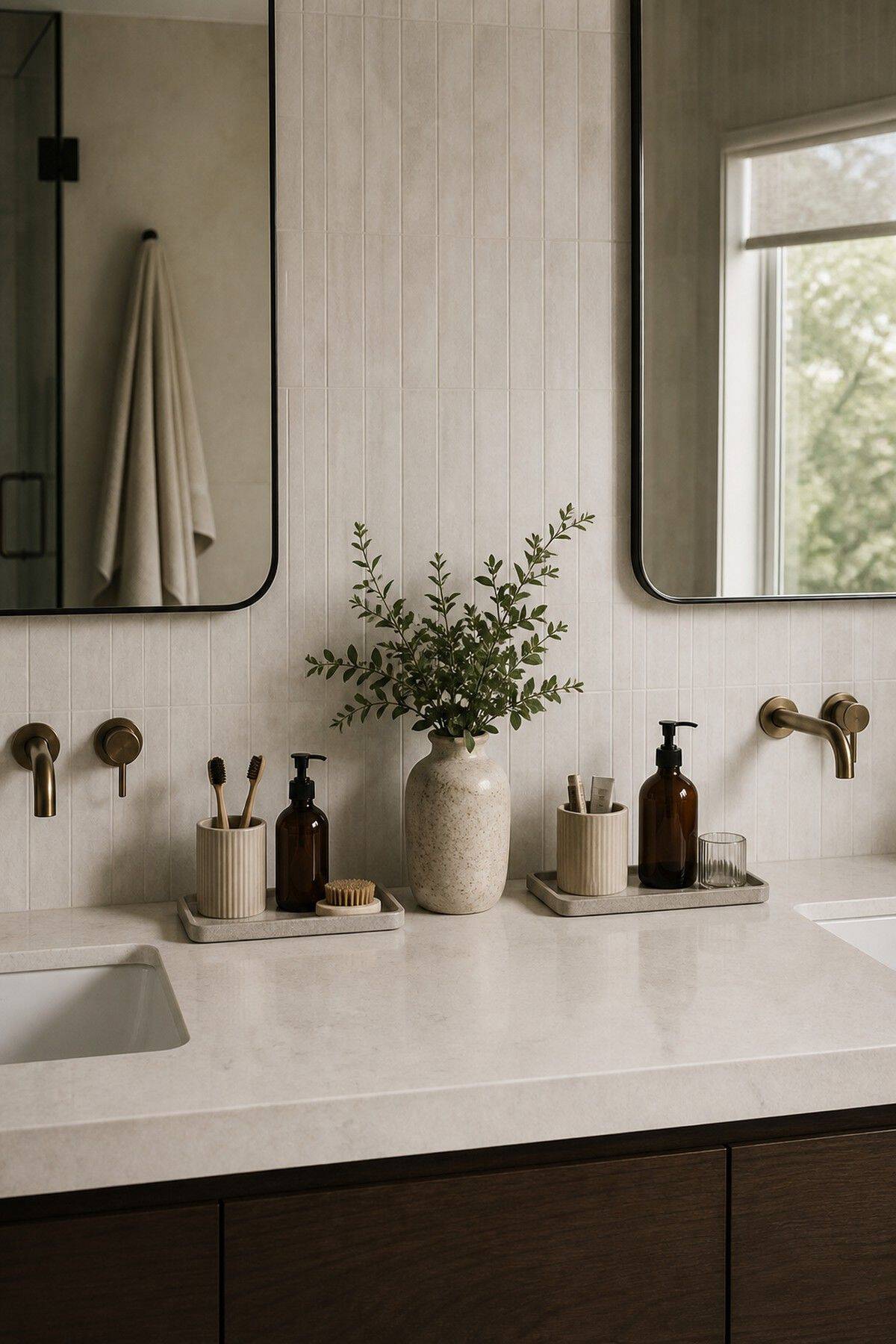 Organize Everyday Items with a Pair of Coordinating Trays shown as a realistic Pretty Wild World image for 15 Double Sink Bathroom Counter Decor Ideas for a Fresh, Spa-Like Bathroom.