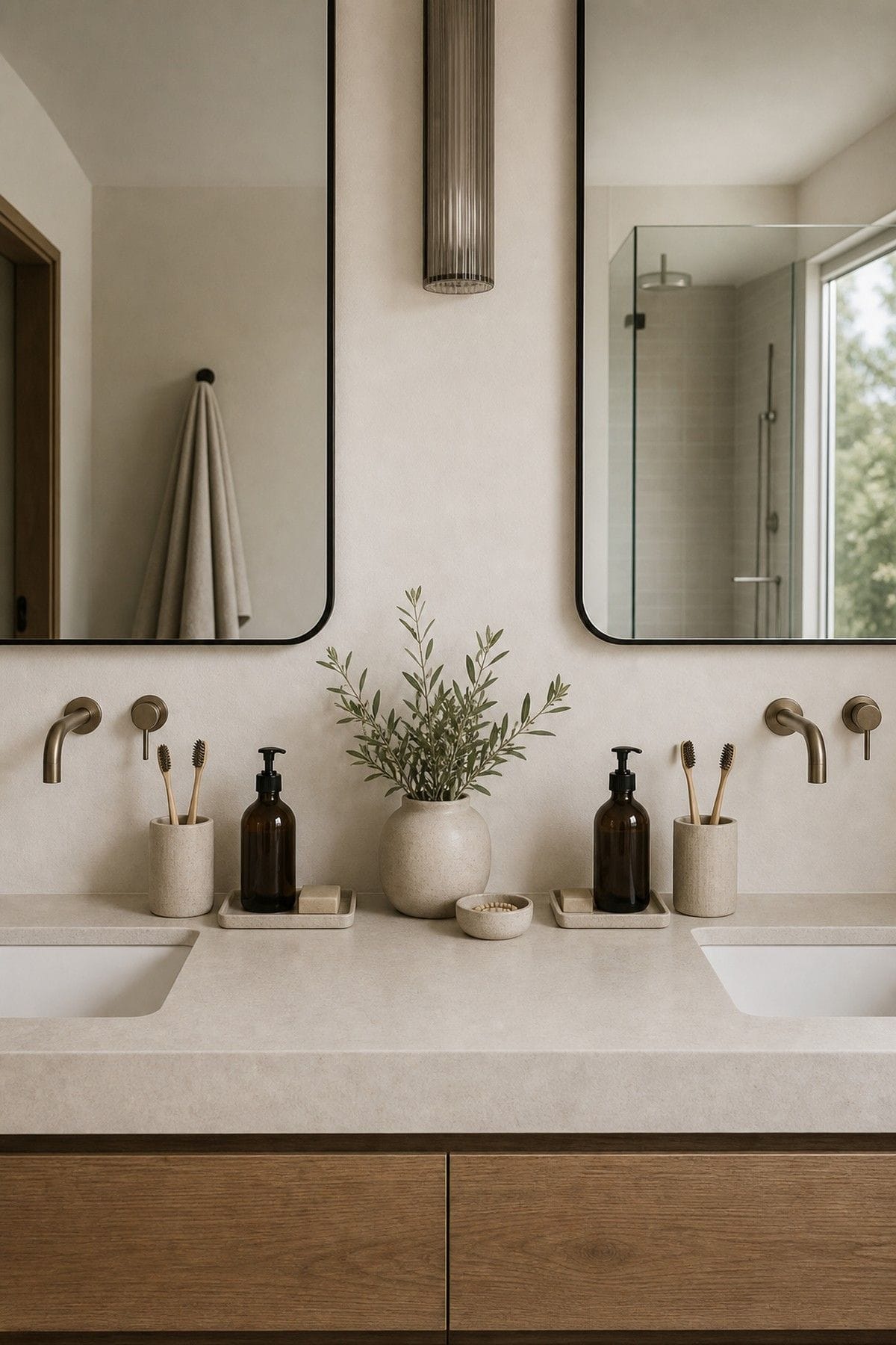 Choose Identical Holders for Toothbrushes for a Balanced Look shown as a realistic Pretty Wild World image for 15 Double Sink Bathroom Counter Decor Ideas for a Fresh, Spa-Like Bathroom.