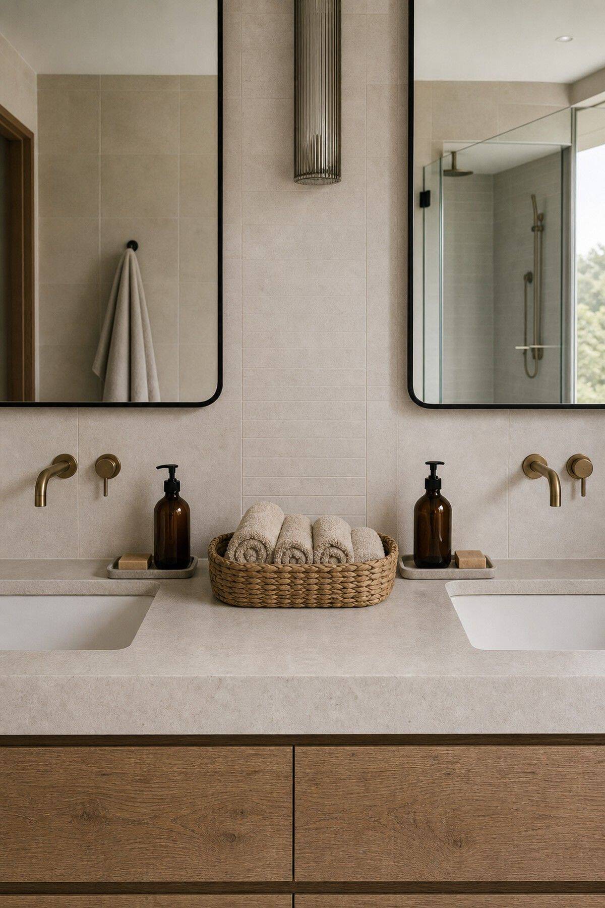 Stack Rolled Hand Towels in a Stylish Bin or Basket shown as a realistic Pretty Wild World image for 15 Double Sink Bathroom Counter Decor Ideas for a Fresh, Spa-Like Bathroom.