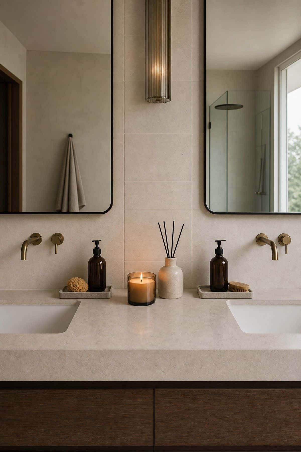 Set a Scented Candle or Diffuser in the Center for Ambiance shown as a realistic Pretty Wild World image for 15 Double Sink Bathroom Counter Decor Ideas for a Fresh, Spa-Like Bathroom.