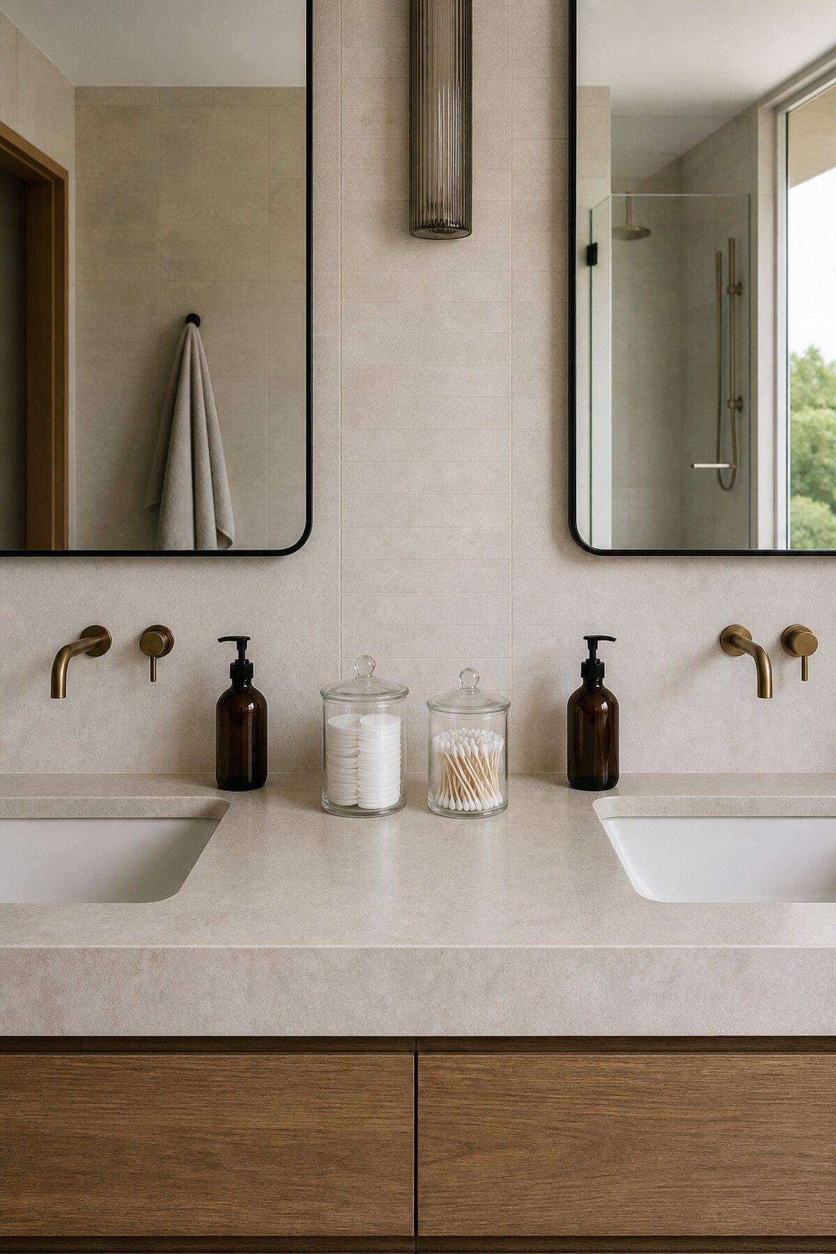Store Cotton Pads and Swabs in Clear Apothecary Containers shown as a realistic Pretty Wild World image for 15 Double Sink Bathroom Counter Decor Ideas for a Fresh, Spa-Like Bathroom.