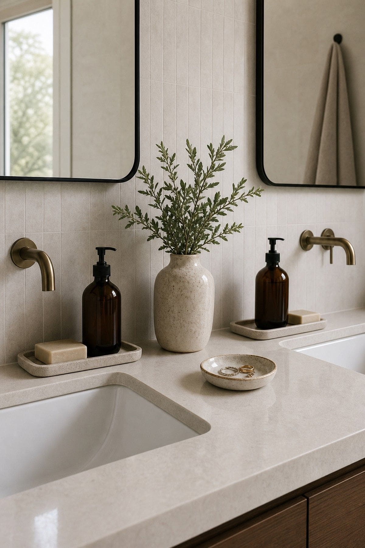 Add a Pretty Trinket Dish for Rings or Small Accessories shown as a realistic Pretty Wild World image for 15 Double Sink Bathroom Counter Decor Ideas for a Fresh, Spa-Like Bathroom.