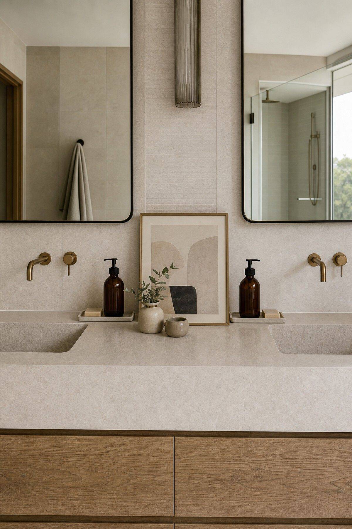 Prop Up Framed Art or a Decorative Sign Behind the Faucets shown as a realistic Pretty Wild World image for 15 Double Sink Bathroom Counter Decor Ideas for a Fresh, Spa-Like Bathroom.