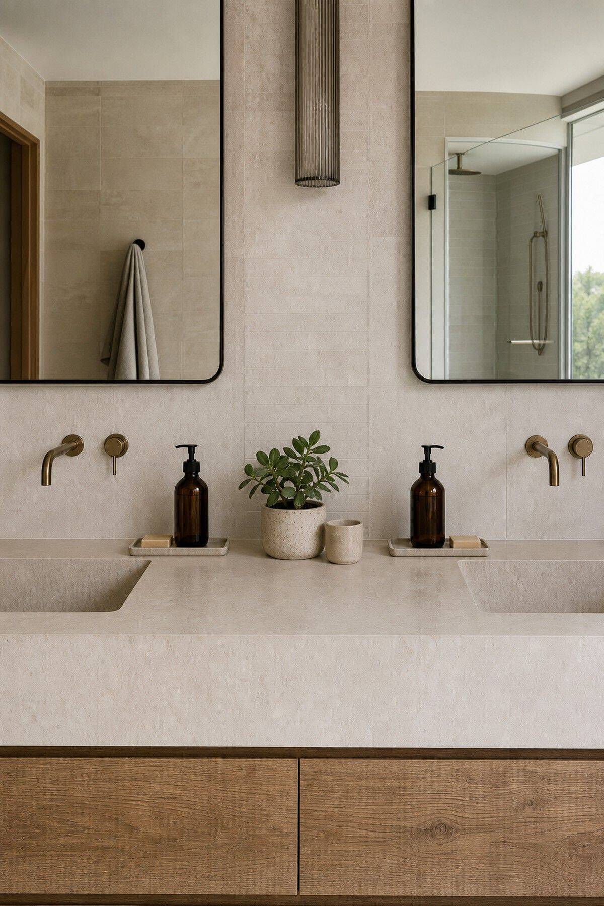 Place a Small Succulent or Leafy Plant for a Fresh Accent shown as a realistic Pretty Wild World image for 15 Double Sink Bathroom Counter Decor Ideas for a Fresh, Spa-Like Bathroom.