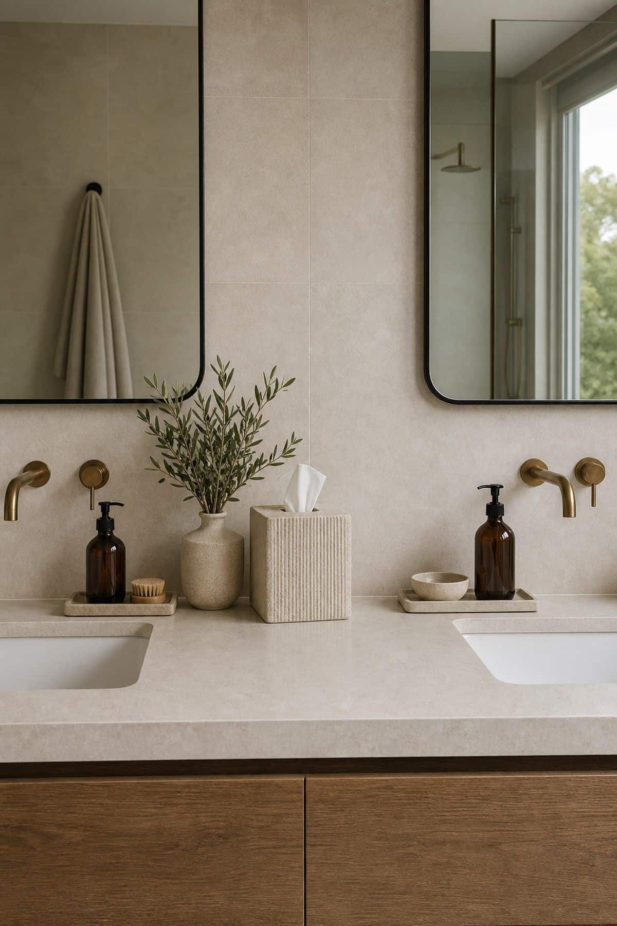 Cover the Tissue Box with a Decorative Holder shown as a realistic Pretty Wild World image for 15 Double Sink Bathroom Counter Decor Ideas for a Fresh, Spa-Like Bathroom.