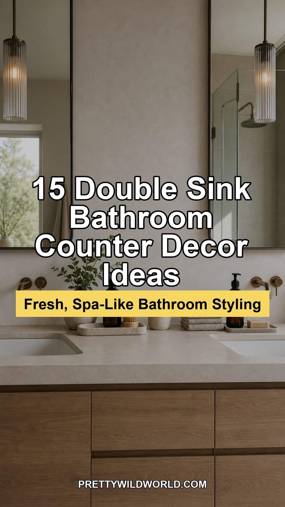 Pinterest pin for 15 Double Sink Bathroom Counter Decor Ideas for a Fresh, Spa-Like Bathroom from Pretty Wild World.