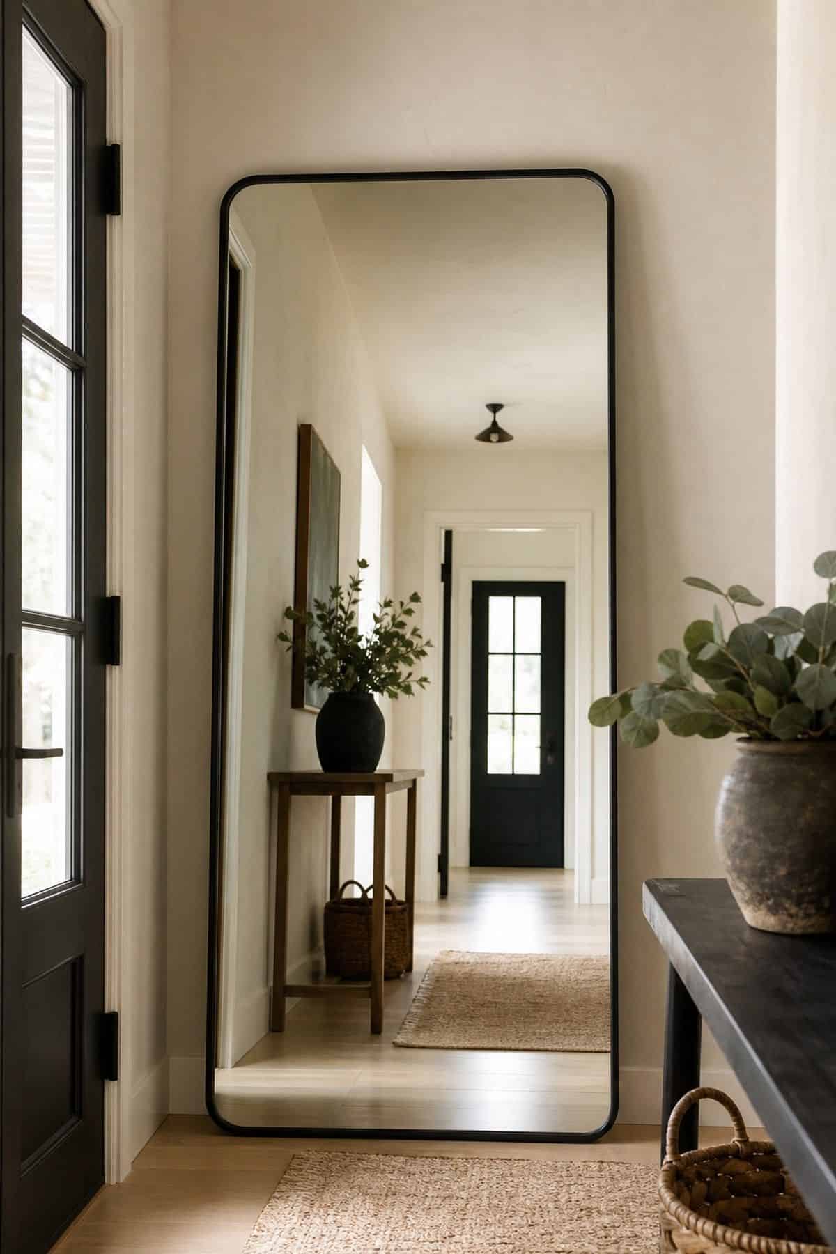 Install a Large Full-Length Mirror to Enhance the Sense of Space shown as a realistic Pretty Wild World image for 15 Entryway Mirror Ideas That Make Your Home Feel Brighter and More Curated.