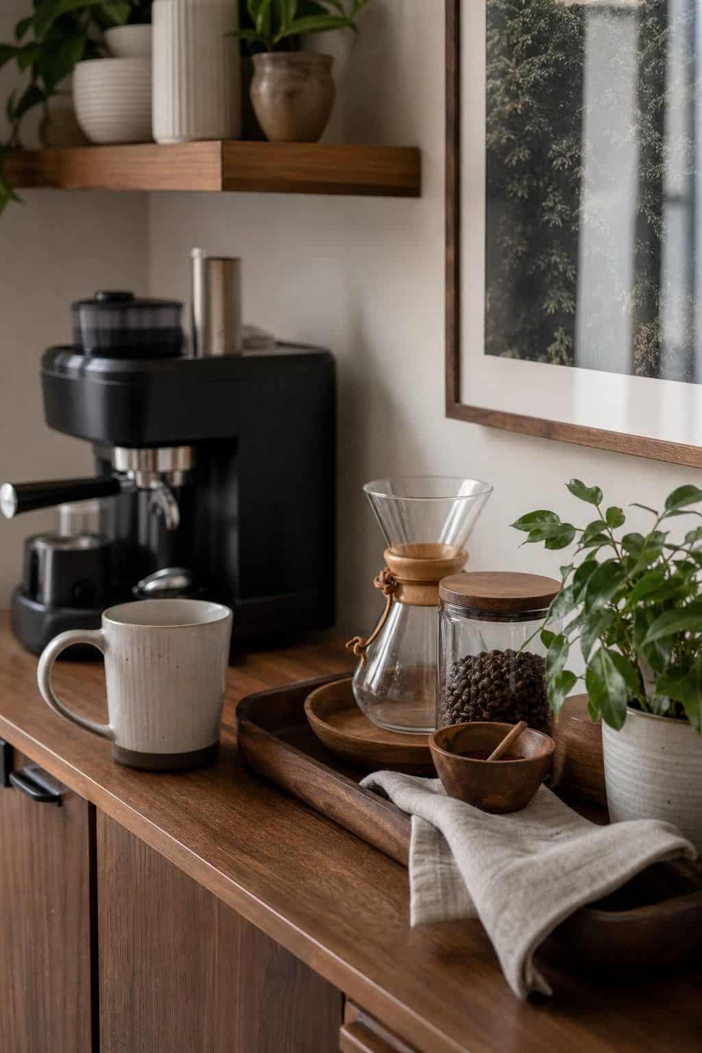 Create a coffee or drink station shown as a realistic Pretty Wild World image for 16 Father's Day Home Decor Ideas for a Warm and Personal Celebration.