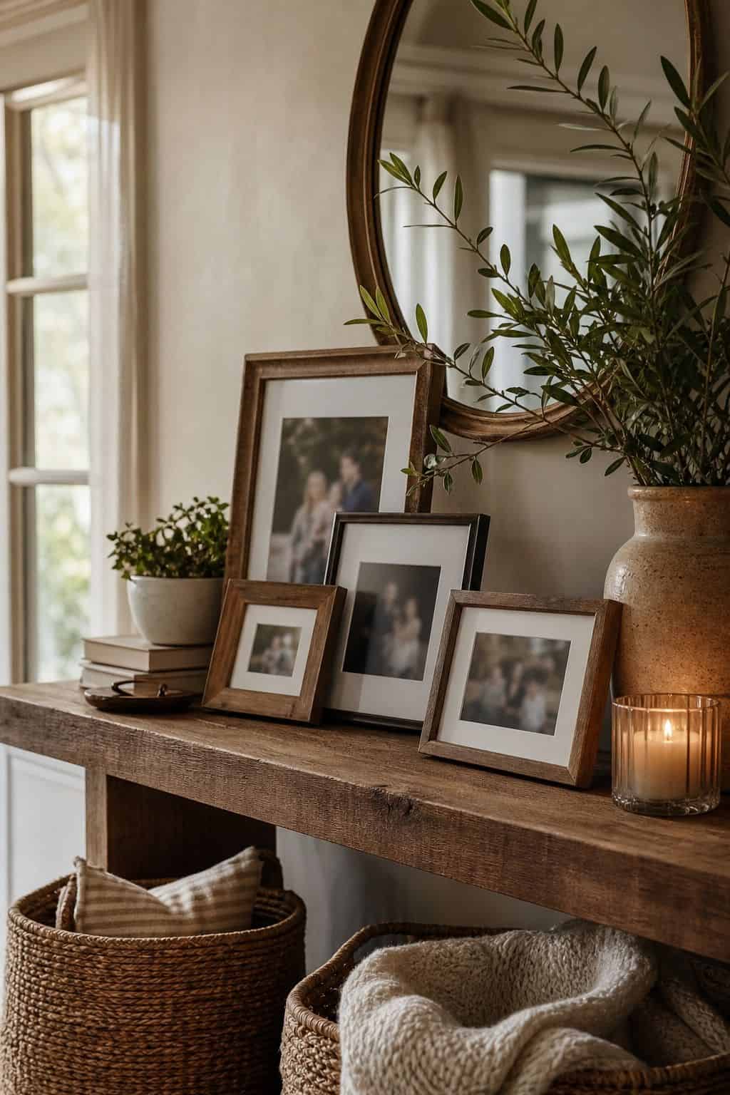 Add framed family photos shown as a realistic Pretty Wild World image for 16 Father's Day Home Decor Ideas for a Warm and Personal Celebration.