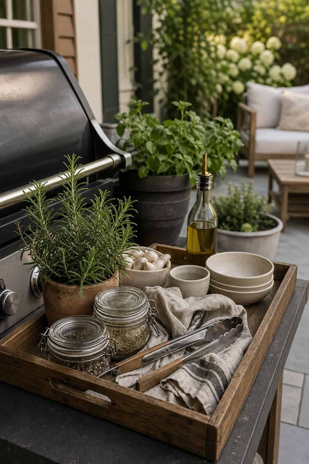 Set up a grill-side tray shown as a realistic Pretty Wild World image for 16 Father's Day Home Decor Ideas for a Warm and Personal Celebration.