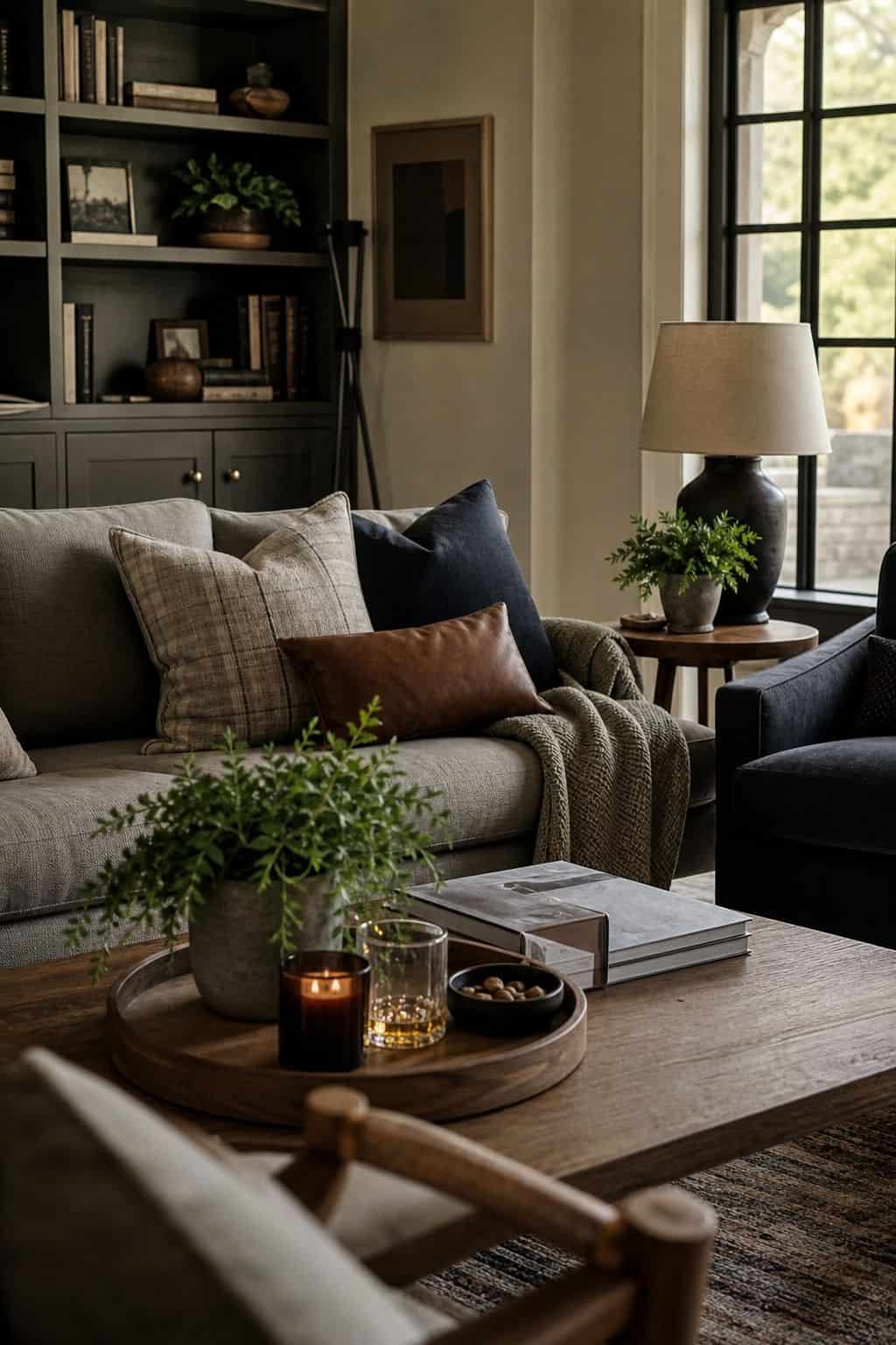 Create a comfortable lounge area shown as a realistic Pretty Wild World image for 16 Father's Day Home Decor Ideas for a Warm and Personal Celebration.