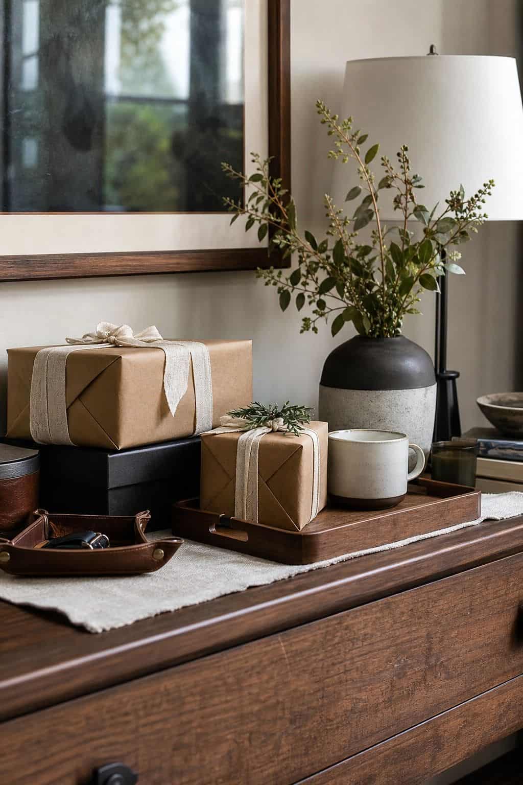 Add a practical gift display shown as a realistic Pretty Wild World image for 16 Father's Day Home Decor Ideas for a Warm and Personal Celebration.