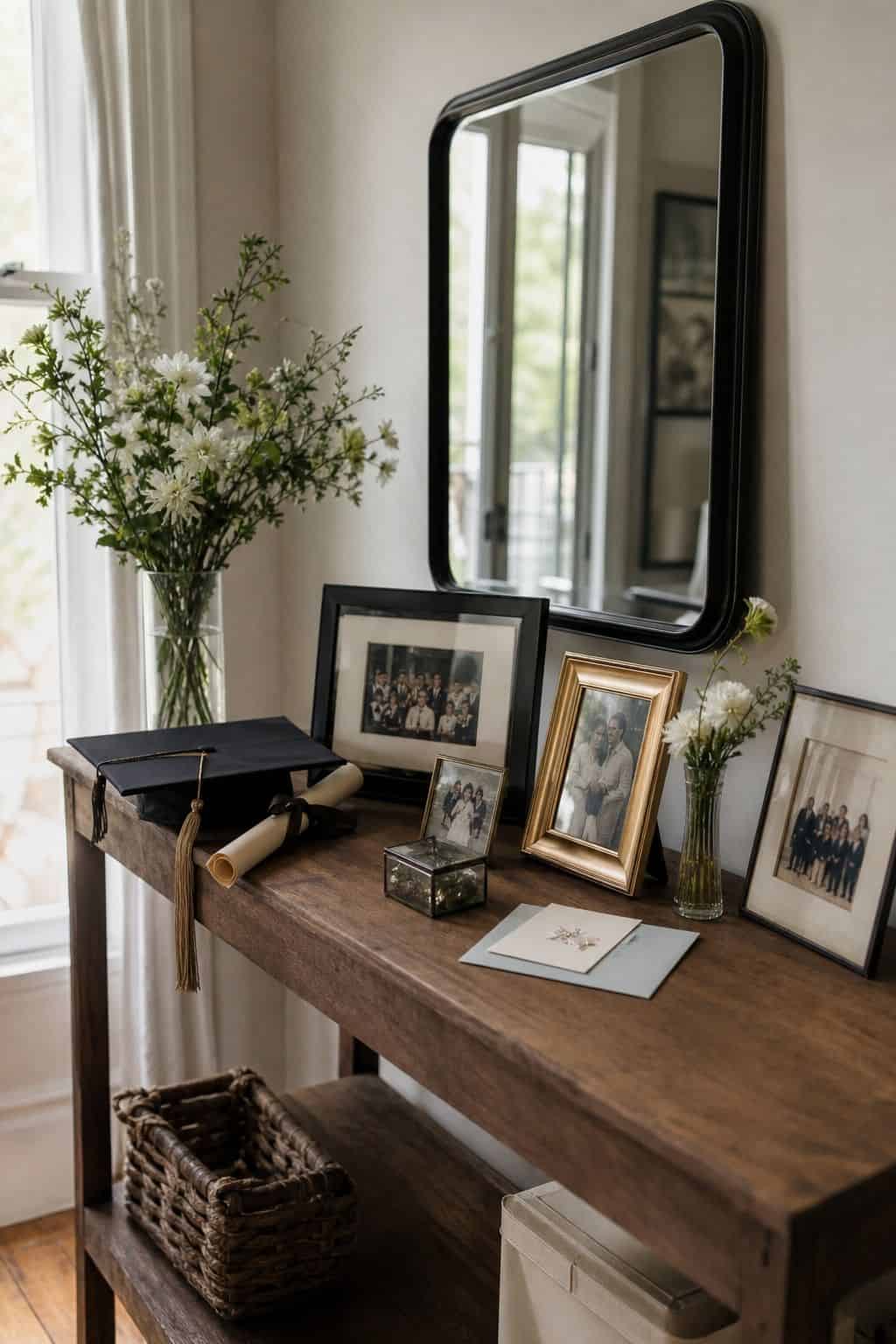 Create a memory table shown as a realistic Pretty Wild World image for 16 Graduation Home Decor Ideas for a Polished Celebration.