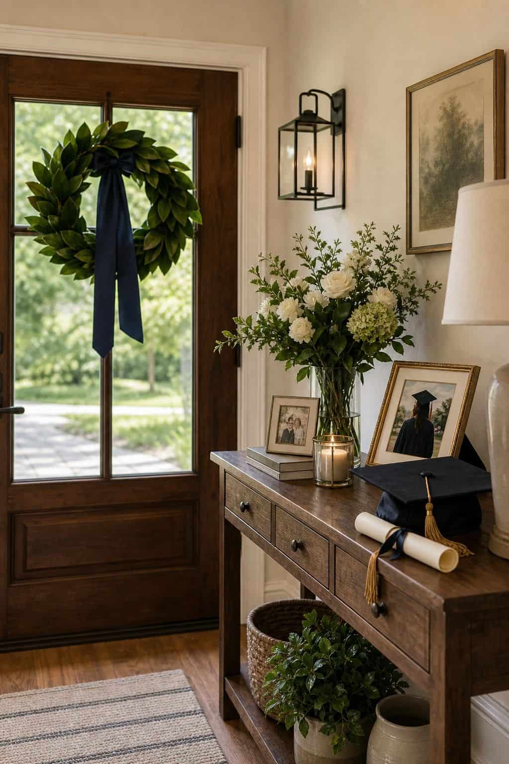 Make the entry feel proud shown as a realistic Pretty Wild World image for 16 Graduation Home Decor Ideas for a Polished Celebration.