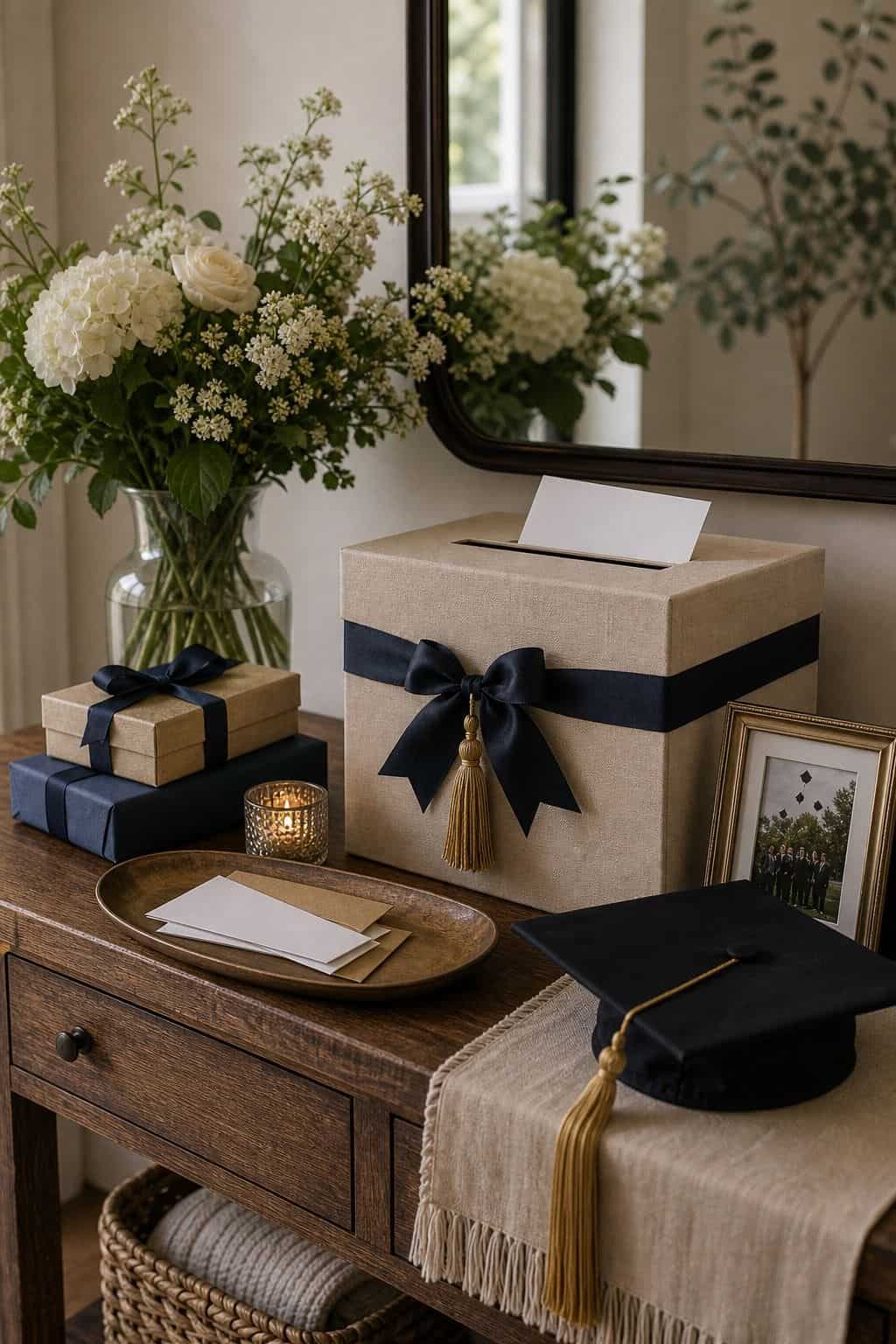Set up a card and gift station shown as a realistic Pretty Wild World image for 16 Graduation Home Decor Ideas for a Polished Celebration.