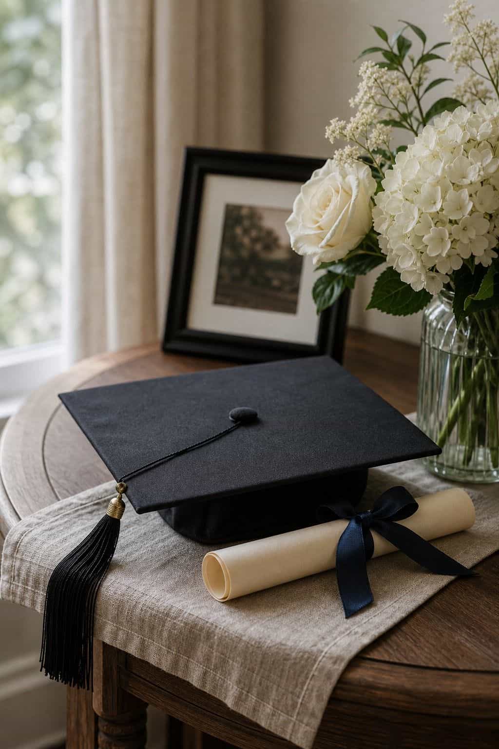 Use cap and diploma details sparingly shown as a realistic Pretty Wild World image for 16 Graduation Home Decor Ideas for a Polished Celebration.