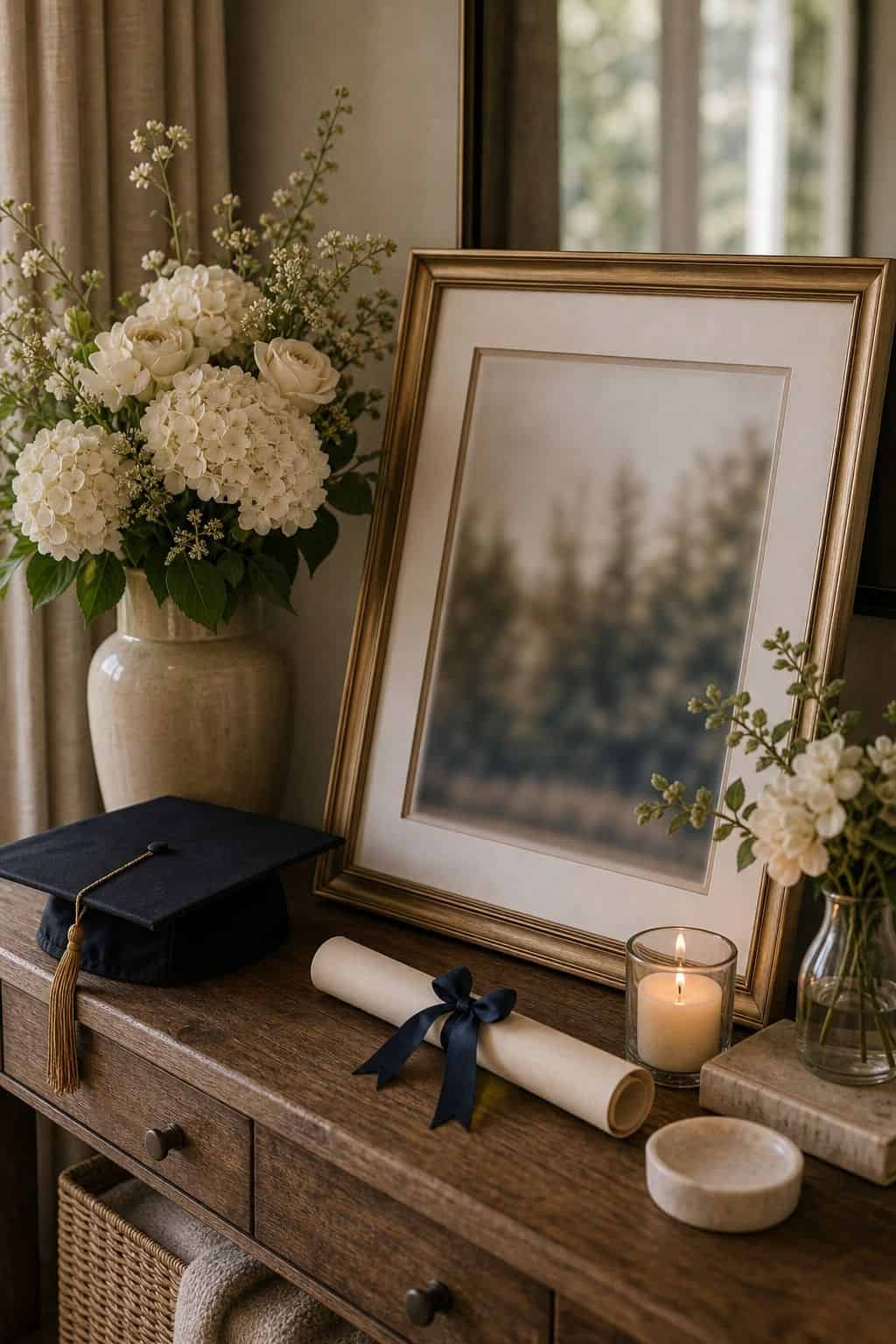 Frame the graduate's favorite quote shown as a realistic Pretty Wild World image for 16 Graduation Home Decor Ideas for a Polished Celebration.