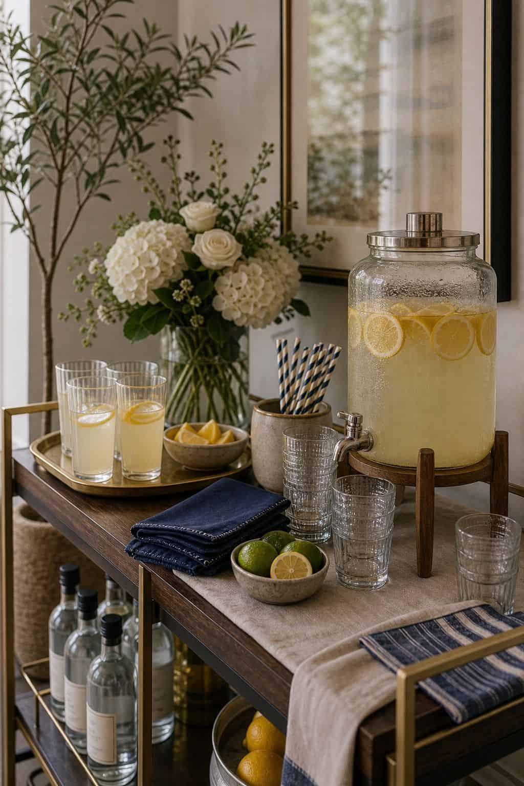Use a polished drink station shown as a realistic Pretty Wild World image for 16 Graduation Home Decor Ideas for a Polished Celebration.