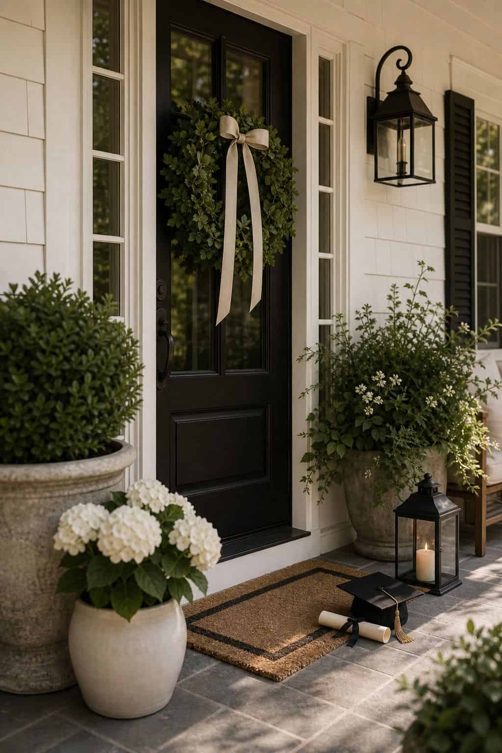 Decorate the porch or front door shown as a realistic Pretty Wild World image for 16 Graduation Home Decor Ideas for a Polished Celebration.