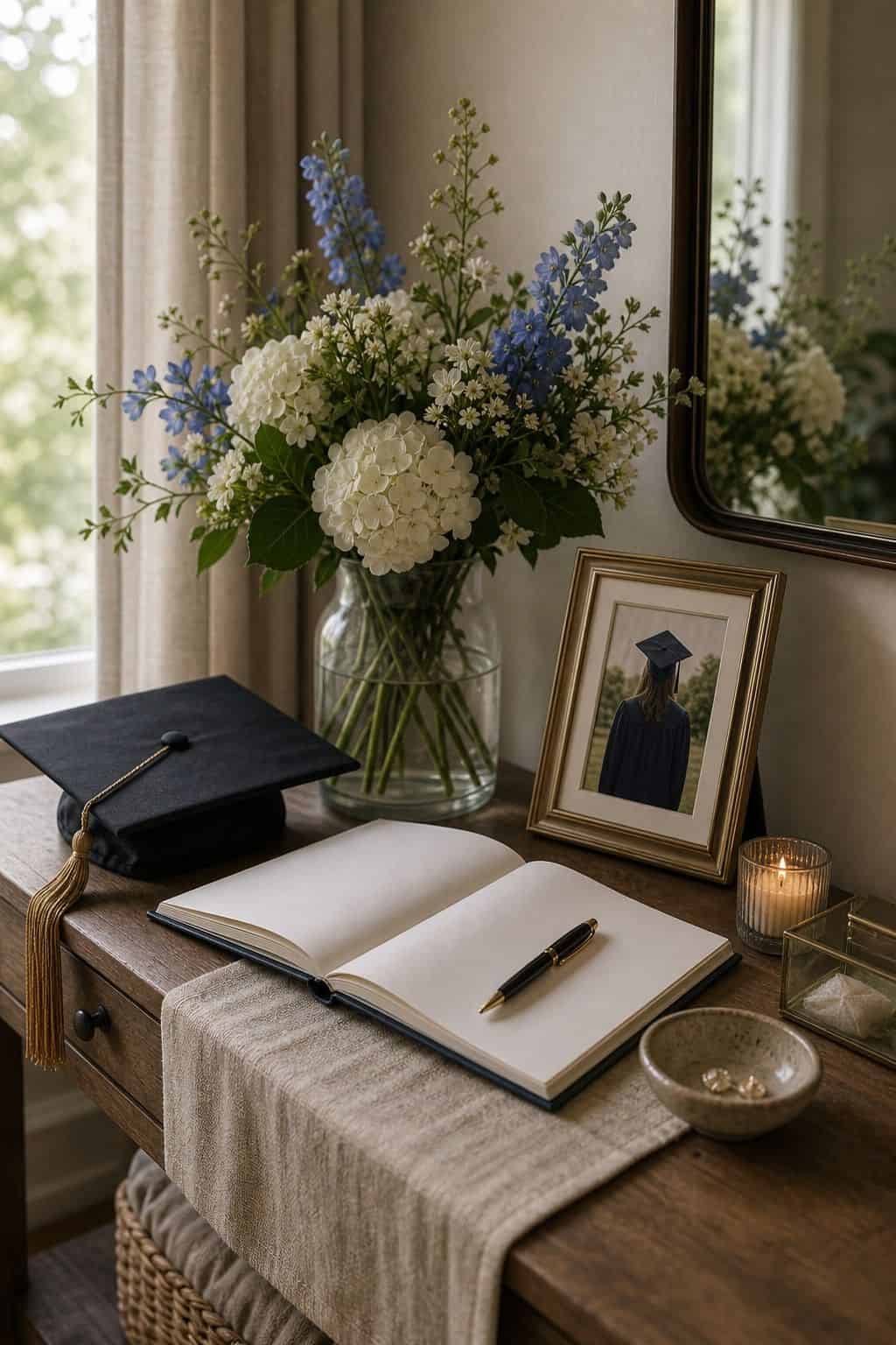 Make a keepsake guest book corner shown as a realistic Pretty Wild World image for 16 Graduation Home Decor Ideas for a Polished Celebration.