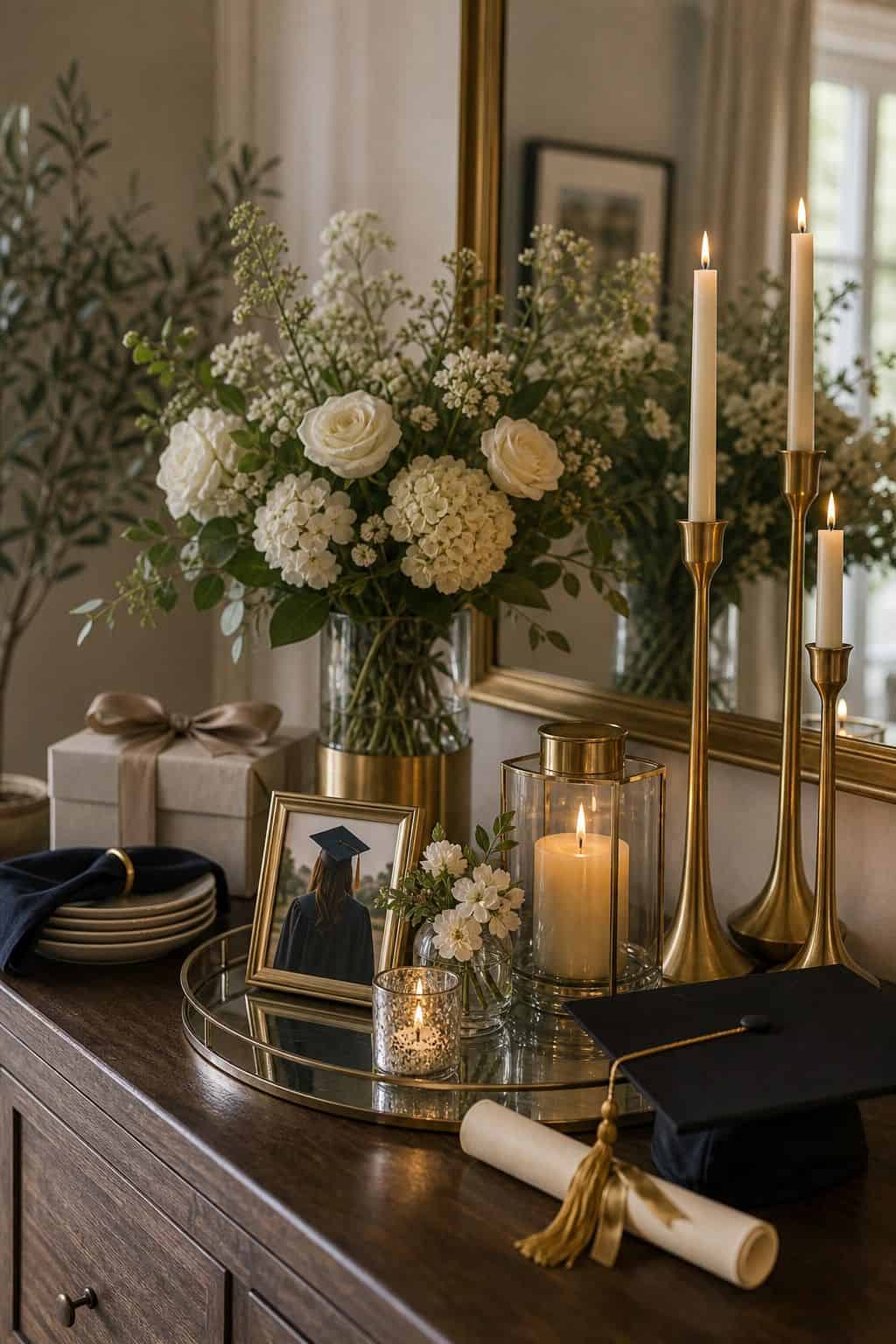 Use metallic accents for shine shown as a realistic Pretty Wild World image for 16 Graduation Home Decor Ideas for a Polished Celebration.