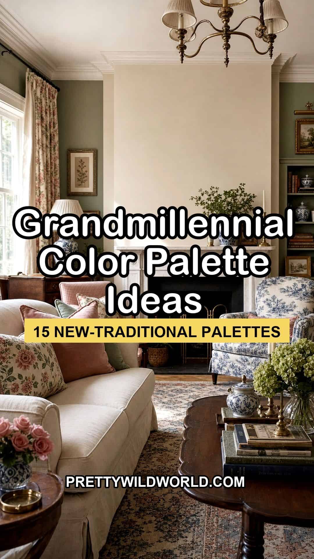 A vertical Pinterest pin showing a grandmillennial living room with cream seating, sage walls, floral curtains, blue-and-white accents, warm wood furniture, bold outlined title text, and a yellow subtitle bar. Save this guide for grandmillennial color palette ideas, new-traditional home colors, vintage living room decor, dusty rose and sage interiors, and classic Pinterest home inspiration that feels polished, cozy, and easy to revisit.