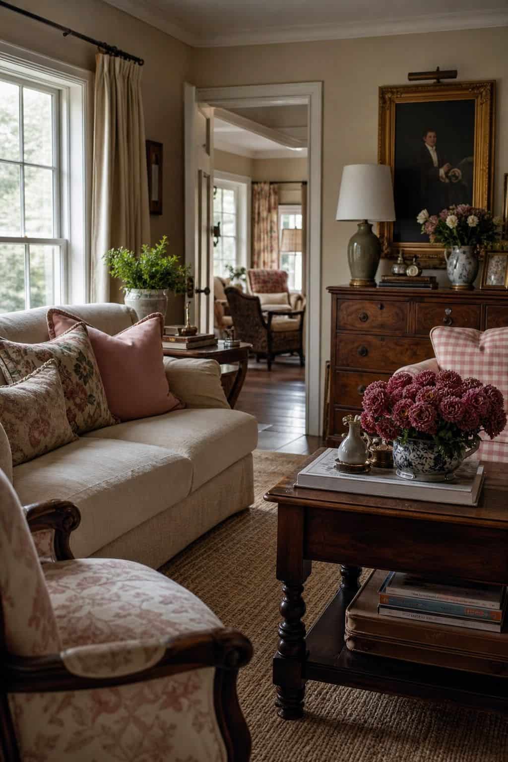 A lived-in grandmillennial sitting room with dusty rose cushions, cream upholstery, warm brown antique wood, floral textiles, and soft daylight from tall windows. Save this new-traditional room color idea for dusty rose decor, cream living room inspiration, grandmillennial color palette ideas, warm antique wood styling, and cozy traditional home decor that feels romantic, collected, and fresh. Save for layered classic interiors.