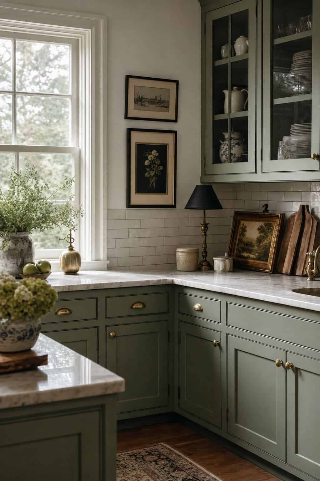 A calm grandmillennial kitchen corner with sage green cabinetry, crisp white walls, soft black frames, marble counters, and natural daylight across layered vintage details. Save this sage green cabinet idea for grandmillennial color palette inspiration, new-traditional kitchen colors, white and sage home decor, soft black accent styling, and timeless cottage-style interiors with a polished collected feel.