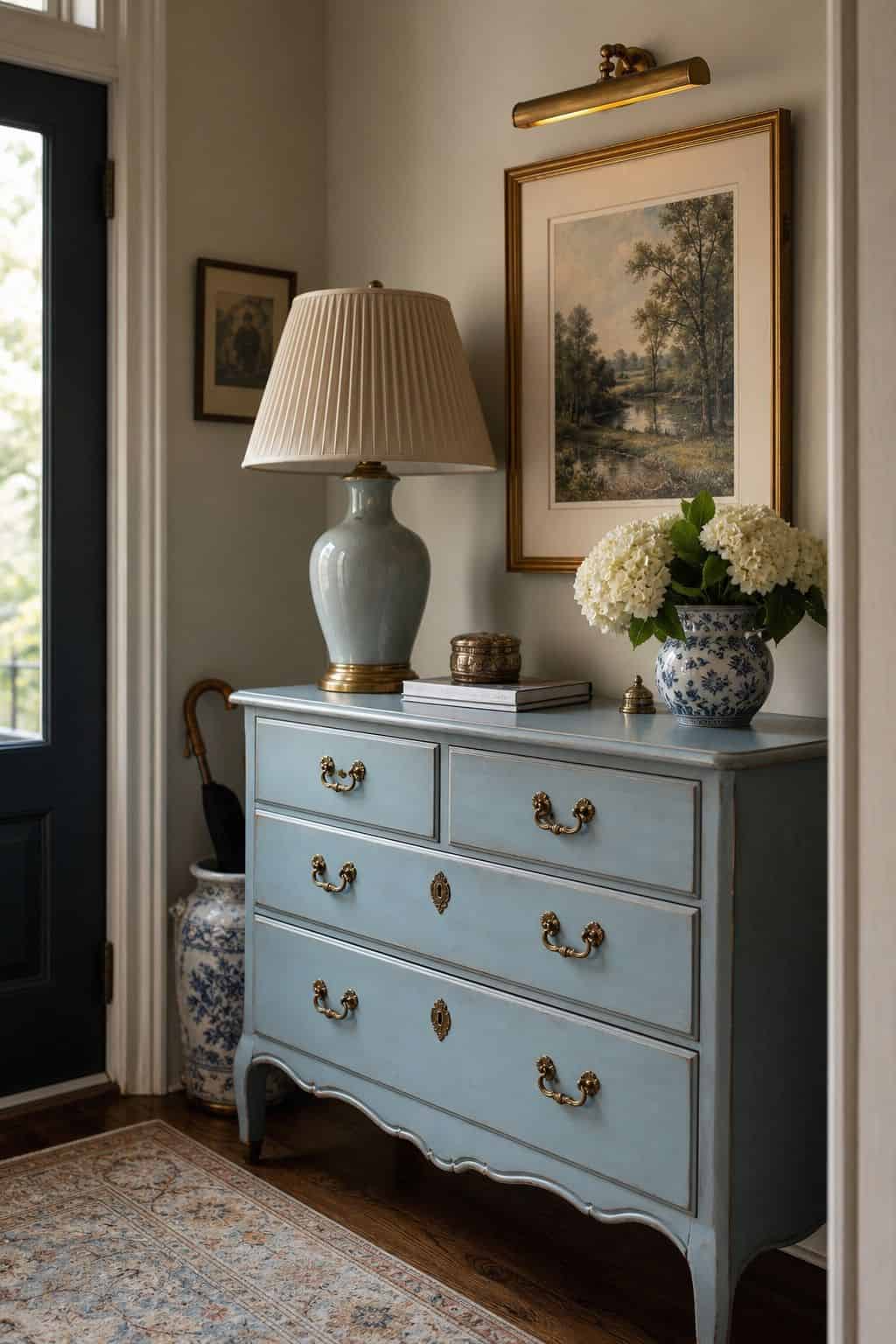 A graceful grandmillennial entryway vignette with a robin's-egg blue painted dresser, cream walls, aged brass picture light, framed art, flowers, and softly worn wood floors. Save this blue dresser color idea for robin's-egg blue decor, grandmillennial color palette inspiration, cream and brass interiors, new-traditional entryway styling, and pretty vintage home decor that feels bright, classic, and elevated.