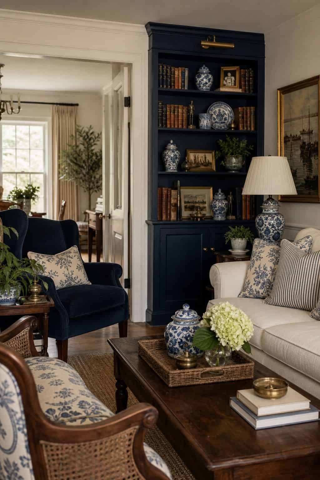 A classic grandmillennial living room with a navy painted bookcase, generous white walls, blue-and-white porcelain, warm wood antiques, cream upholstery, and layered pillows. Save this navy room idea for grandmillennial color palette inspiration, blue and white decor, new-traditional living room colors, warm wood furniture styling, and timeless traditional interiors that feel crisp instead of heavy.