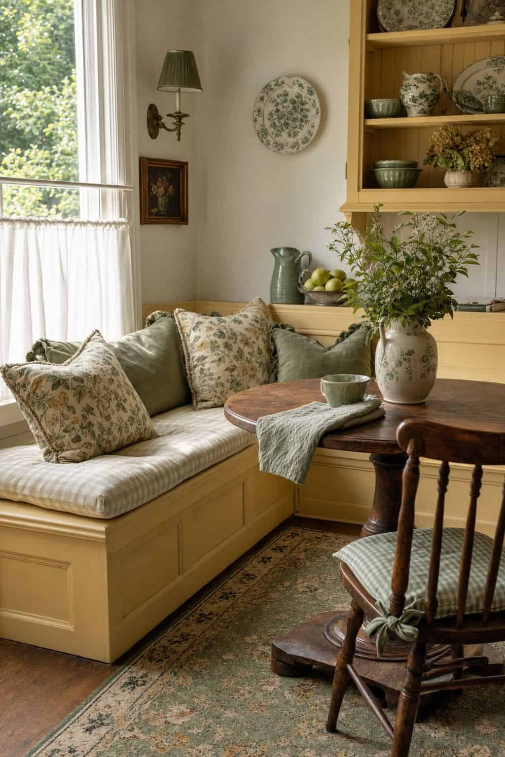 A cheerful grandmillennial breakfast nook with a soft butter yellow bench, warm white walls, sage green textiles, ceramic accents, antique wood, and gentle daylight. Save this butter yellow decor idea for grandmillennial color palette inspiration, sage and yellow room colors, new-traditional breakfast nook styling, cottage kitchen ideas, and sunny traditional home decor that feels soft and livable.