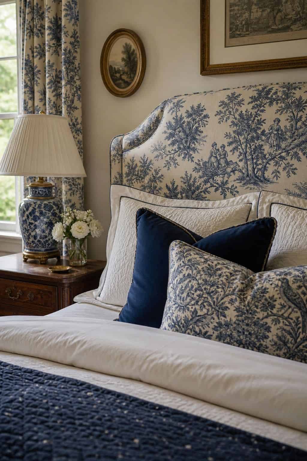 A polished grandmillennial bedroom corner with a blue-and-white toile upholstered headboard, cream bedding, navy pillows, classic lamps, and soft daylight. Save this toile bedroom idea for grandmillennial color palette inspiration, blue and white toile decor, cream and navy bedroom colors, new-traditional pattern styling, and collected vintage bedroom ideas that feel crisp, romantic, and refined. Save for timeless pattern inspiration.