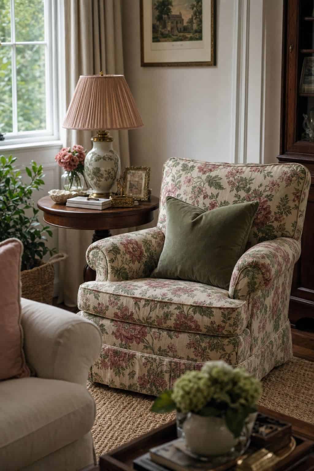 A cozy grandmillennial living room moment with one floral chintz accent chair, sage green and soft pink tones, white walls, pleated lampshade, flowers, and layered textiles. Save this chintz chair idea for grandmillennial color palette inspiration, floral chintz decor, sage and pink living room colors, new-traditional pattern ideas, and romantic vintage home styling that feels edited, fresh, and charming.