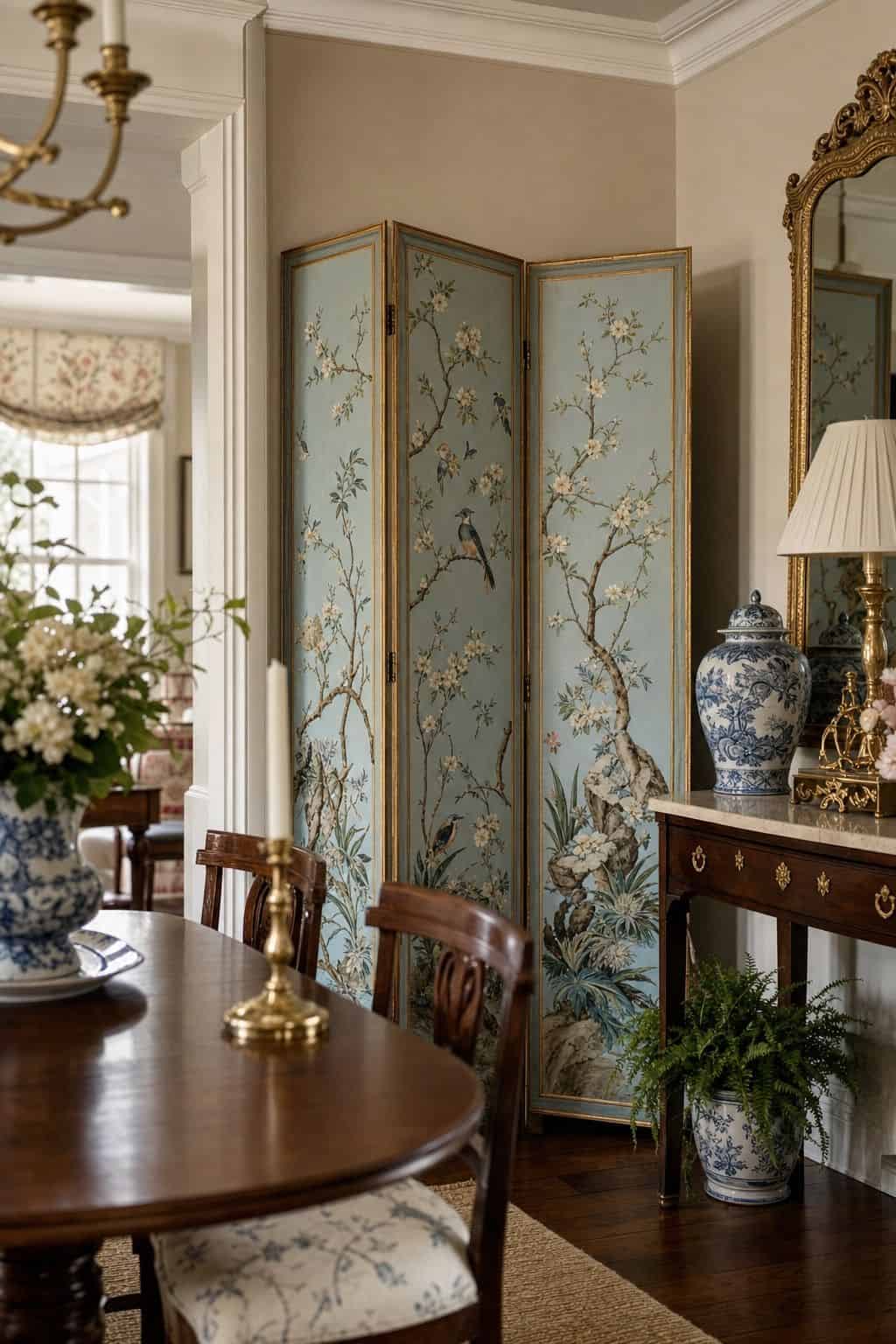 An elegant grandmillennial entryway with a chinoiserie screen, robin's-egg blue panels, soft gold accents, cream walls, porcelain, flowers, and natural window light. Save this chinoiserie decor idea for grandmillennial color palette inspiration, robin's-egg blue interiors, blue and gold room colors, new-traditional entryway styling, and polished vintage home decor with a collected designer feel. Save for elegant blue room inspiration.