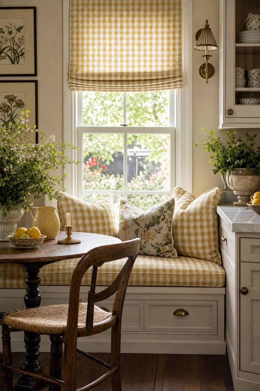 A sunny grandmillennial breakfast room with gingham window fabric, butter yellow cushions, warm white walls, vintage art, flowers, and soft daylight across a small dining table. Save this gingham decor idea for grandmillennial color palette inspiration, butter yellow room colors, cottage breakfast nook styling, new-traditional kitchen ideas, and cheerful vintage home decor that feels relaxed and pretty.
