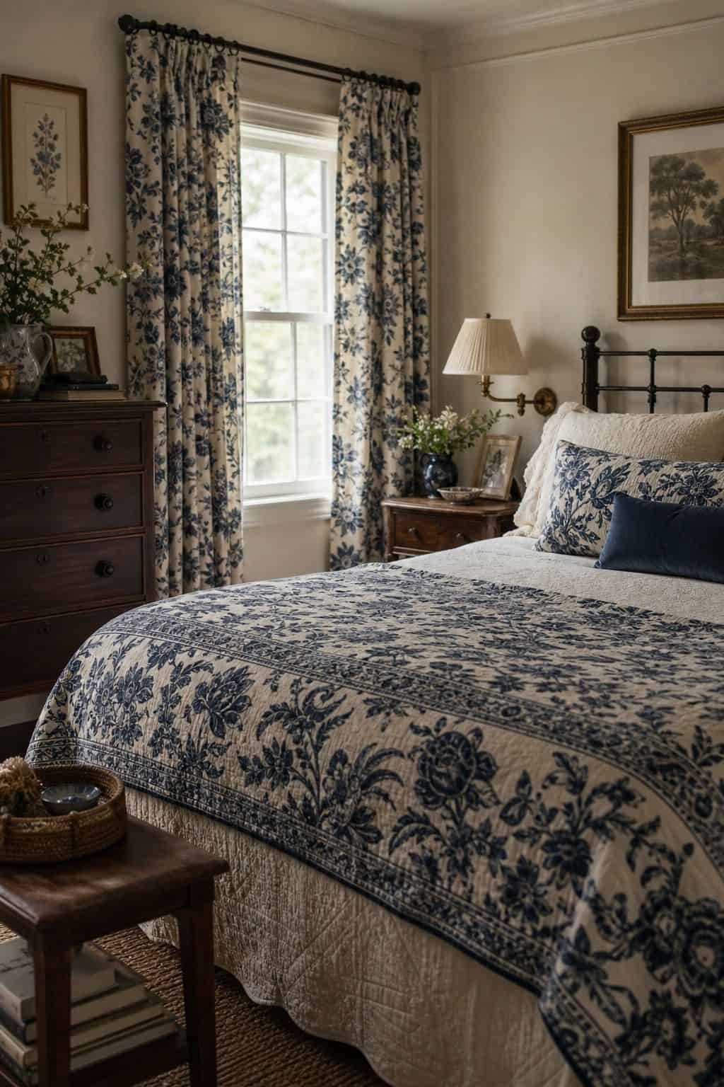 A relaxed grandmillennial bedroom with navy-and-cream block-print floral bedding and curtains, cream walls, antique wood furniture, and soft natural daylight. Save this block print bedroom idea for grandmillennial color palette inspiration, navy and cream decor, block-print floral pattern ideas, new-traditional bedroom colors, and collected vintage home styling that feels classic, cozy, and effortless.