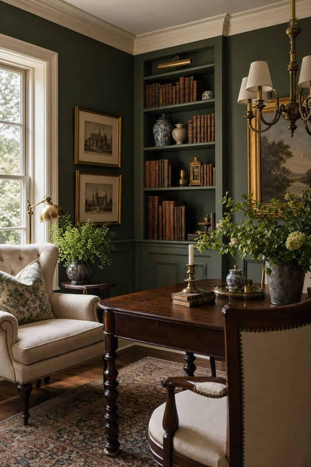 A moody grandmillennial study with deep warm green walls, cream seating, brass lighting, framed art, built-in shelves, antique wood, and soft daylight. Save this deep green room idea for grandmillennial color palette inspiration, green study decor, cream and brass interiors, new-traditional dark room colors, and cozy traditional home styling that feels rich, intentional, and elegant. Save for rich cozy room inspiration.