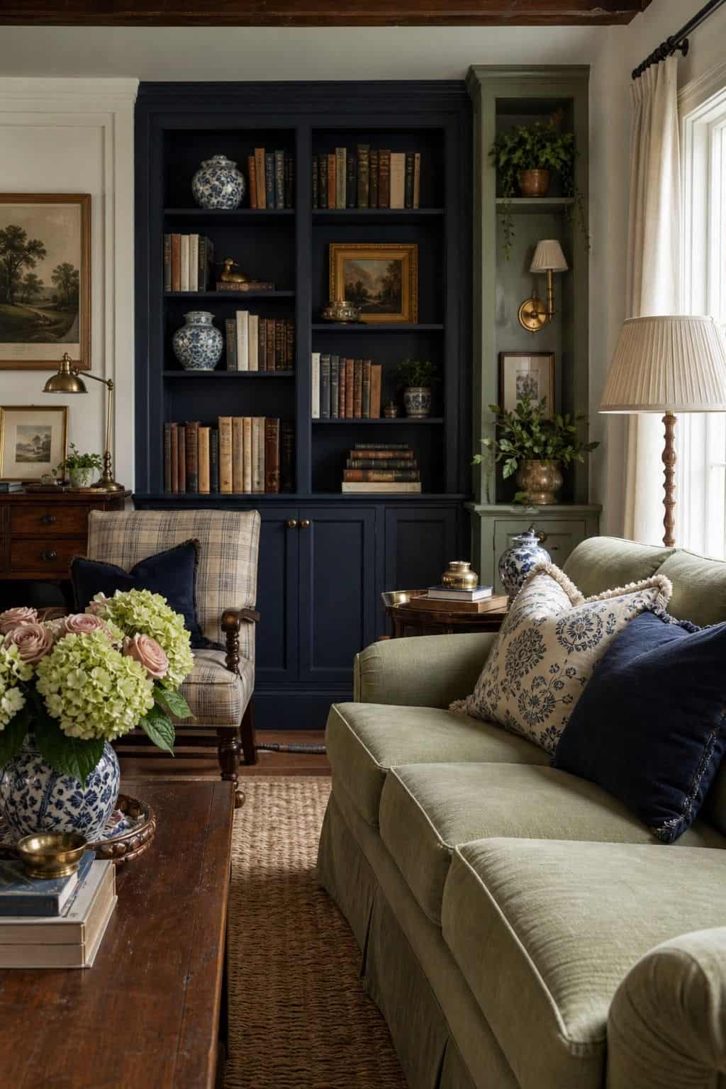 A layered grandmillennial study-living room with navy built-ins, sage green seating, warm white walls, antique wood, blue-and-white porcelain, and soft daylight. Save this navy and sage room idea for grandmillennial color palette inspiration, new-traditional living room colors, sage green furniture styling, navy built-in ideas, and collected traditional decor that feels balanced, cozy, and fresh. Save for layered color inspiration.