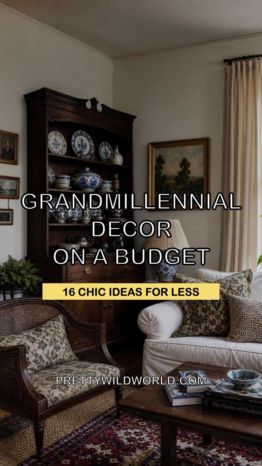 Pinterest pin for grandmillennial decor on a budget featuring a moody editorial living room with an antique wood hutch, cane chair, blue and white porcelain, floral pillows, and bold centered title text. This pin is optimized for budget grandmillennial decor, affordable traditional interiors, thrifted home decor ideas, estate sale furniture finds, and new traditional decorating inspiration. Save it for the full budget decorating guide.