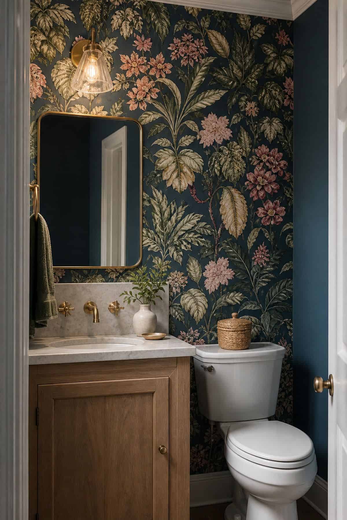 Go for Vibrant Wallpaper or a Striking Accent Paint Color shown as a realistic Pretty Wild World image for 15 Half Bathroom Decor Ideas for a Fresh, Spa-Like Bathroom.