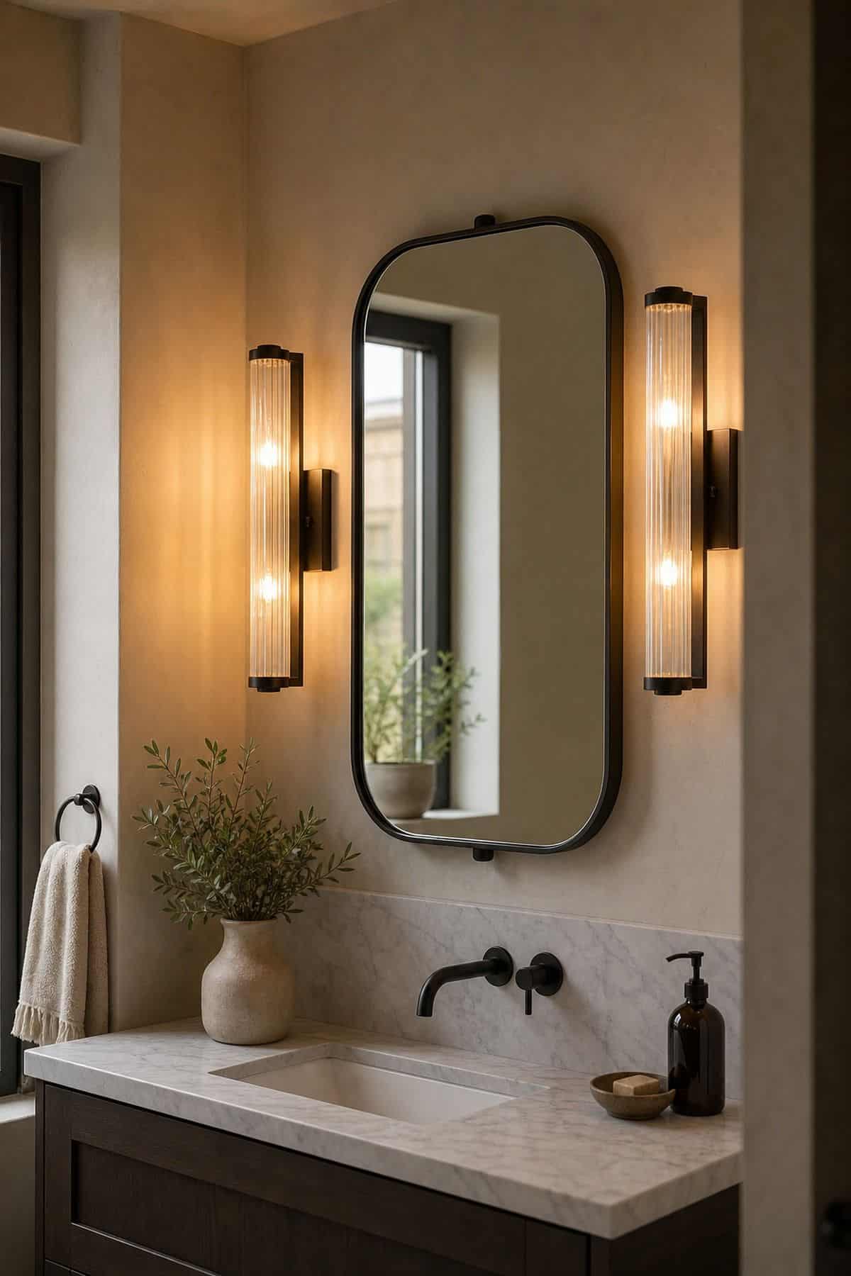 Upgrade to Unique Sconces or Contemporary Lighting shown as a realistic Pretty Wild World image for 15 Half Bathroom Decor Ideas for a Fresh, Spa-Like Bathroom.