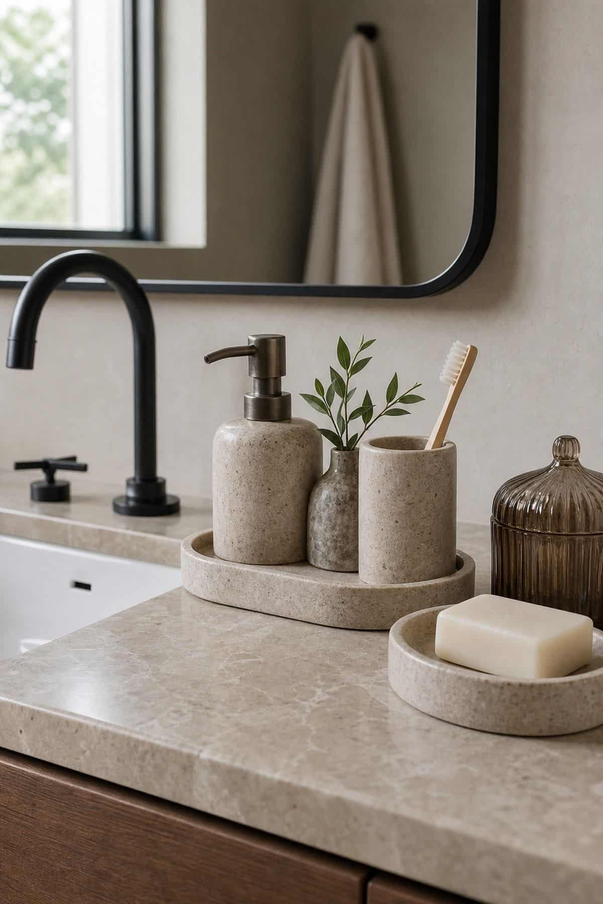 Choose a Coordinated Set for Soap and Countertop Accessories shown as a realistic Pretty Wild World image for 15 Half Bathroom Decor Ideas for a Fresh, Spa-Like Bathroom.