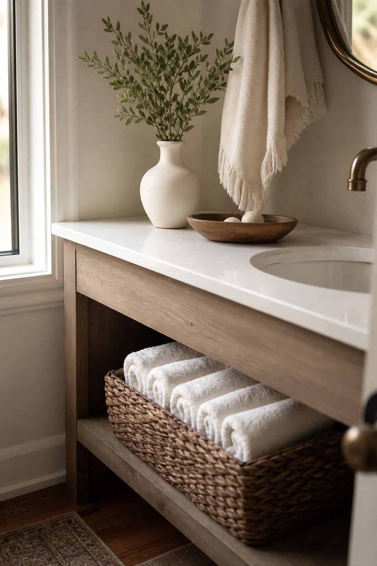 Stack Hand Towels Neatly in a Woven or Decorative Bin shown as a realistic Pretty Wild World image for 15 Half Bathroom Decor Ideas for a Fresh, Spa-Like Bathroom.