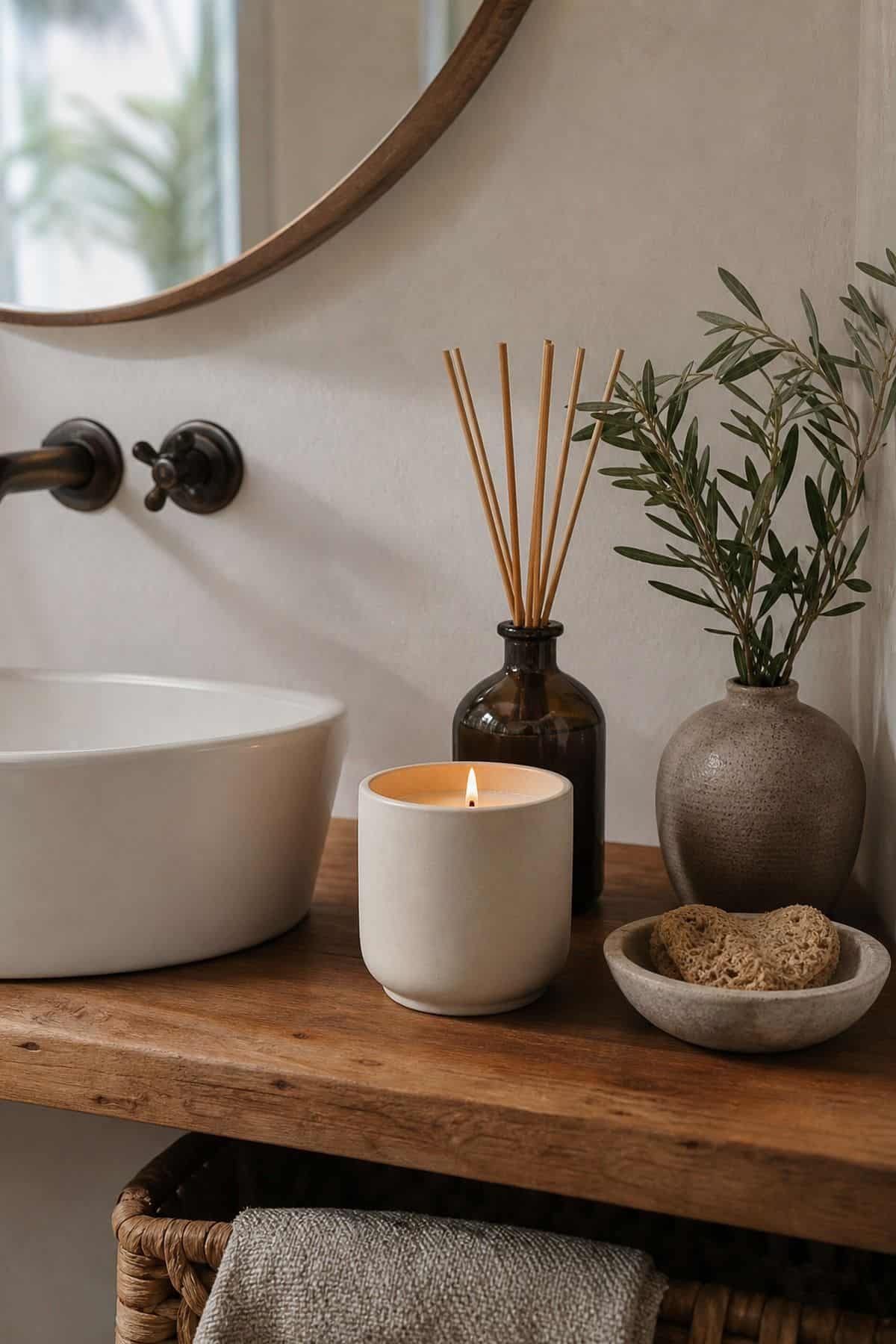 Add a Fragrant Candle or Essential Oil Diffuser for Aroma shown as a realistic Pretty Wild World image for 15 Half Bathroom Decor Ideas for a Fresh, Spa-Like Bathroom.