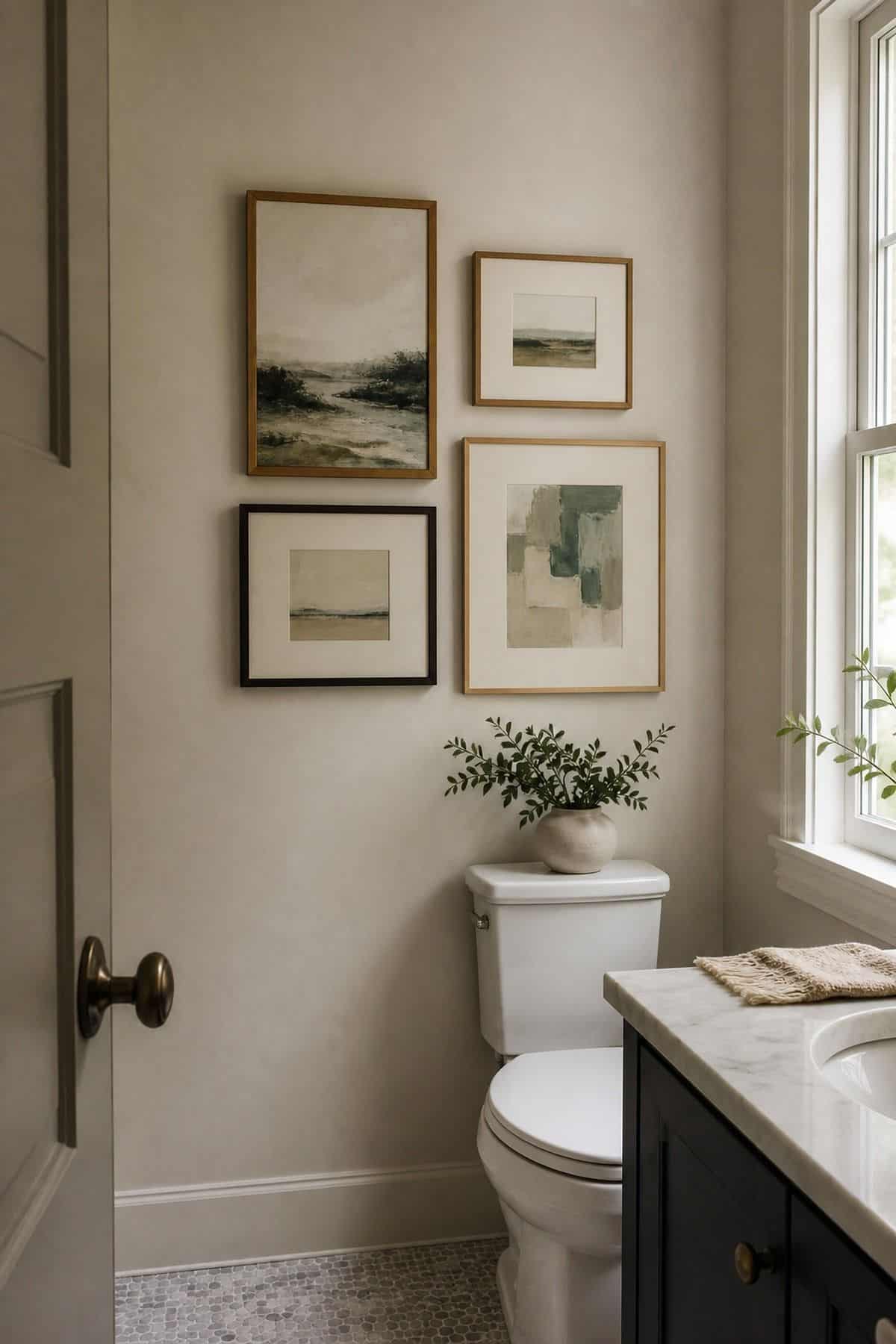 Display Framed Art Prints or a Mini Gallery Wall shown as a realistic Pretty Wild World image for 15 Half Bathroom Decor Ideas for a Fresh, Spa-Like Bathroom.